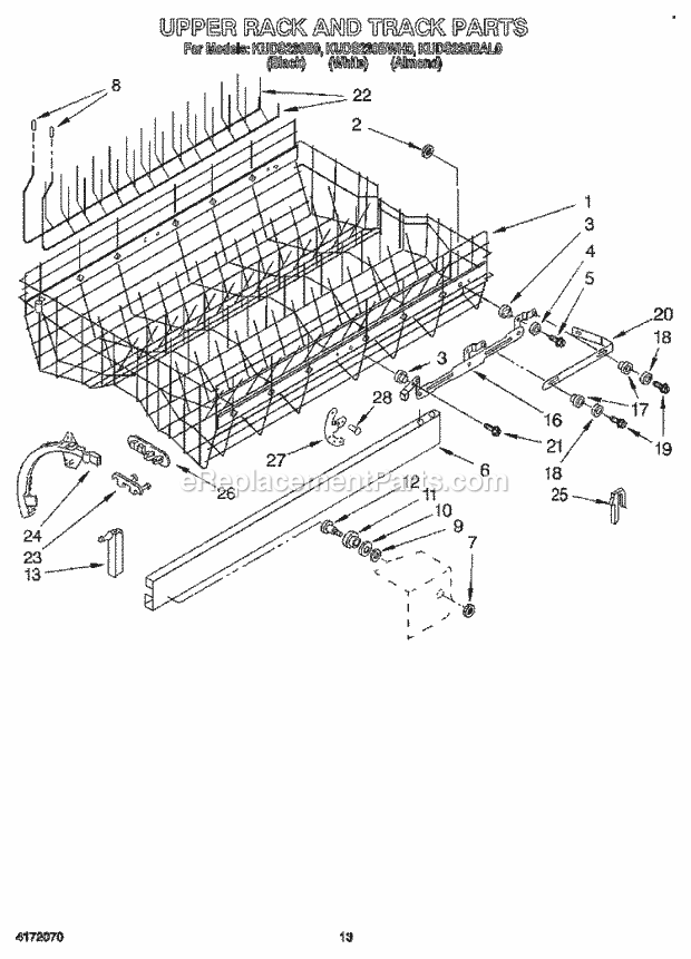 KitchenAid KUDS230BAL0 Dishwasher Upper Rack and Track Diagram