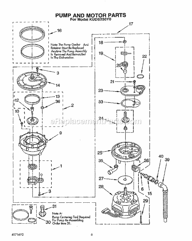 KitchenAid KUDS230Y0 Dishwasher Pump and Motor Diagram