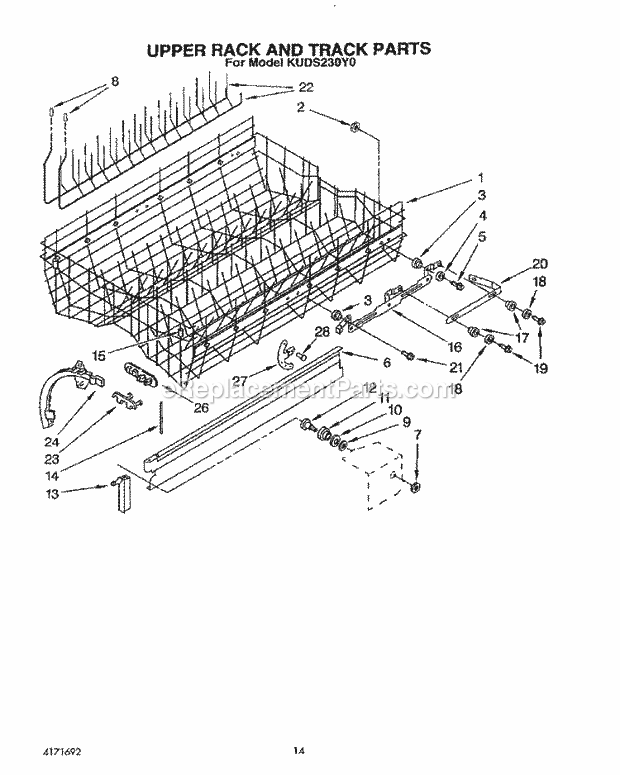 KitchenAid KUDS230Y0 Dishwasher Upper Rack and Track Diagram