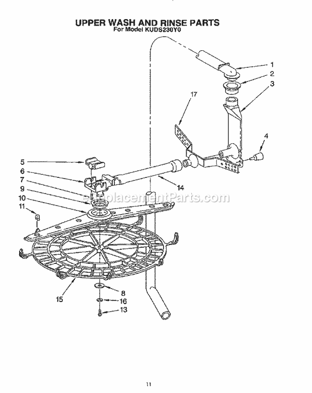 KitchenAid KUDS230Y0 Dishwasher Upper Wash and Rinse Diagram