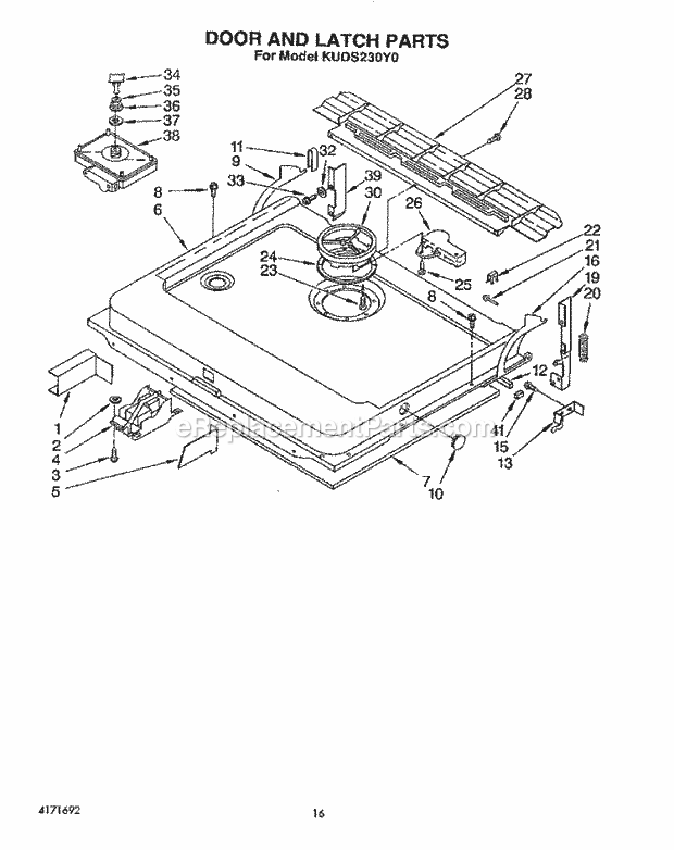 KitchenAid KUDS230Y0 Dishwasher Door and Latch Diagram