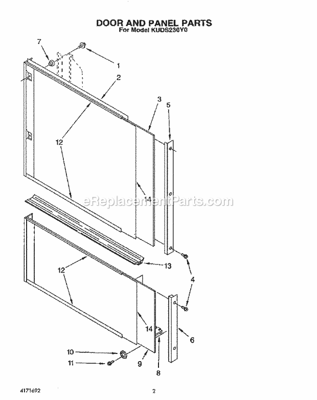 KitchenAid KUDS230Y0 Dishwasher Door and Panel Diagram