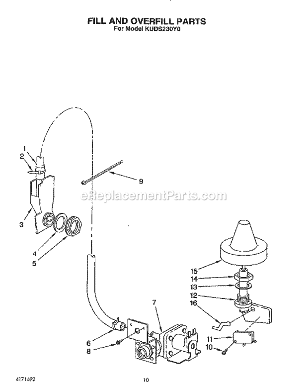 KitchenAid KUDS230Y0 Dishwasher Fill and Overfill Diagram