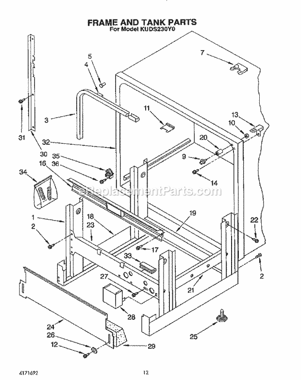 KitchenAid KUDS230Y0 Dishwasher Frame and Tank Diagram