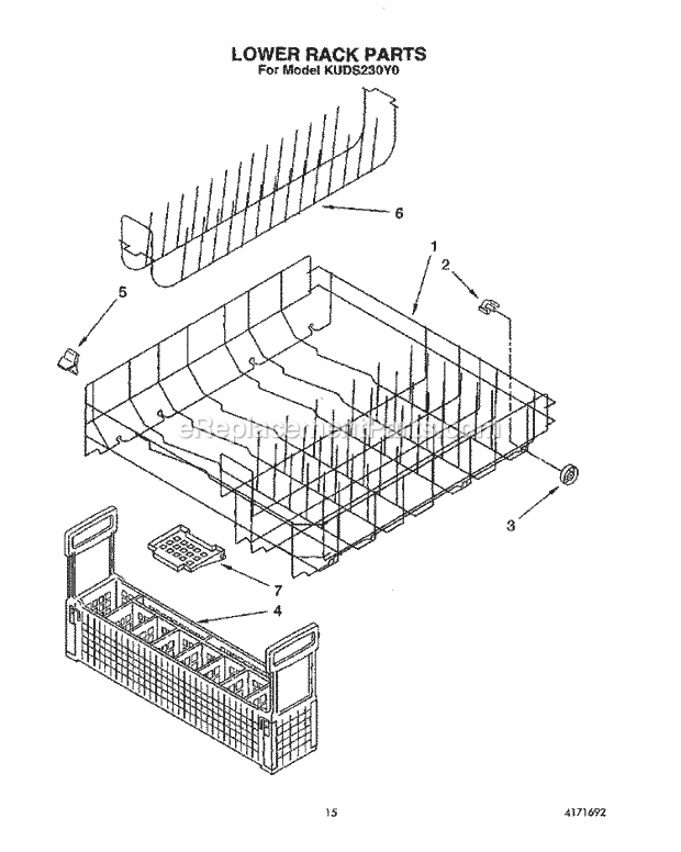 KitchenAid KUDS230Y0 Dishwasher Lower Rack Diagram