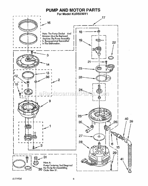 KitchenAid KUDS230Y1 Dishwasher Pump and Motor Diagram