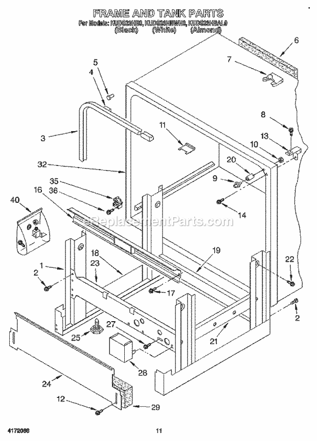 KitchenAid KUDS23HBWH0 Dishwasher Frame and Tank Diagram