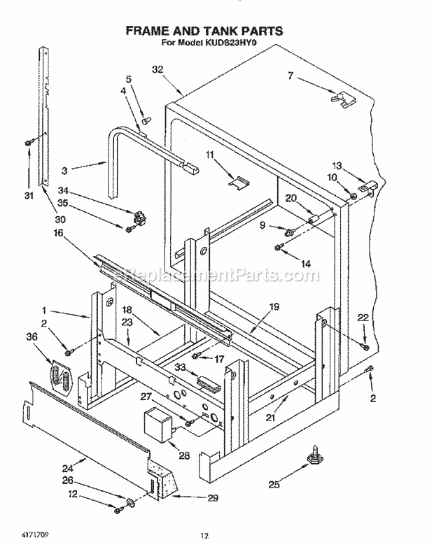 KitchenAid KUDS23HY0 Dishwasher Frame and Tank Diagram