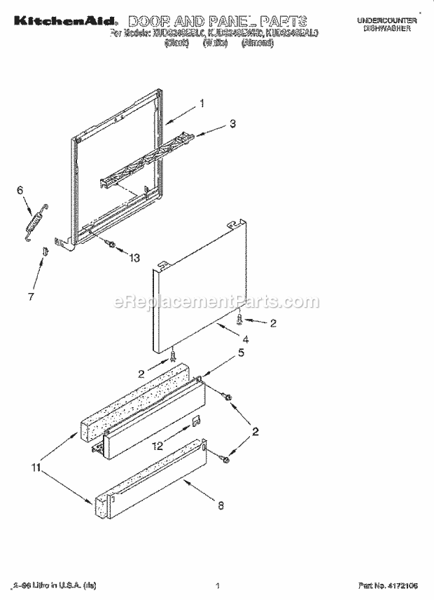 KitchenAid KUDS24SEAL0 Dishwasher Door and Panel Diagram