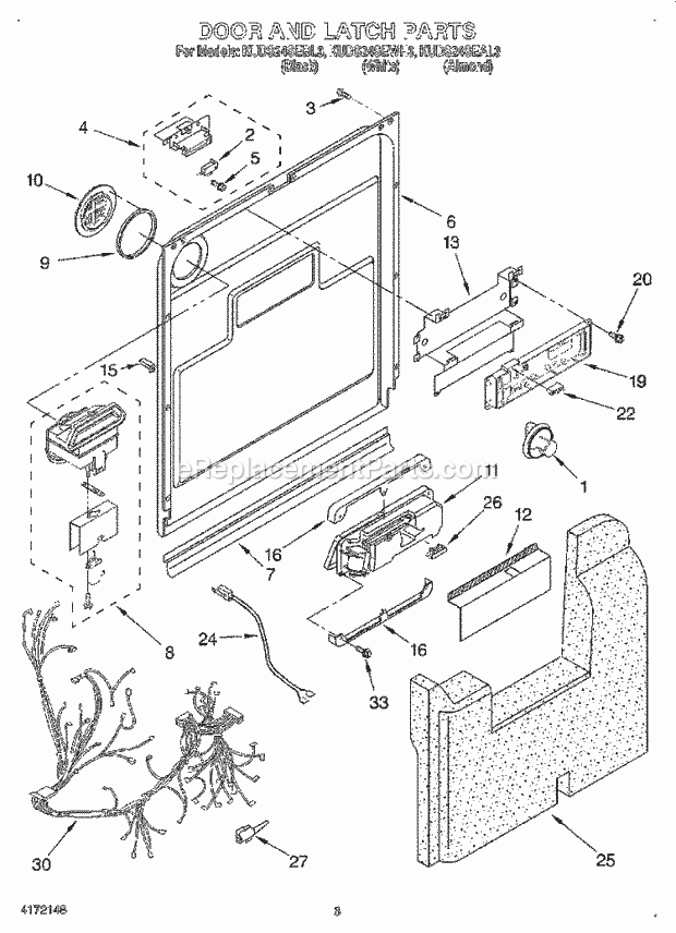 KitchenAid KUDS24SEAL3 Dishwasher Door and Latch Diagram