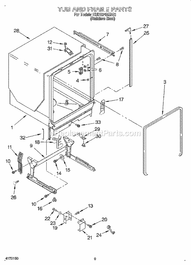 KitchenAid KUDS24SEBS3 Dishwasher Tub and Frame Diagram