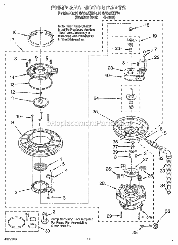 KitchenAid KUDS24SEBS4 Dishwasher Pump and Motor Diagram