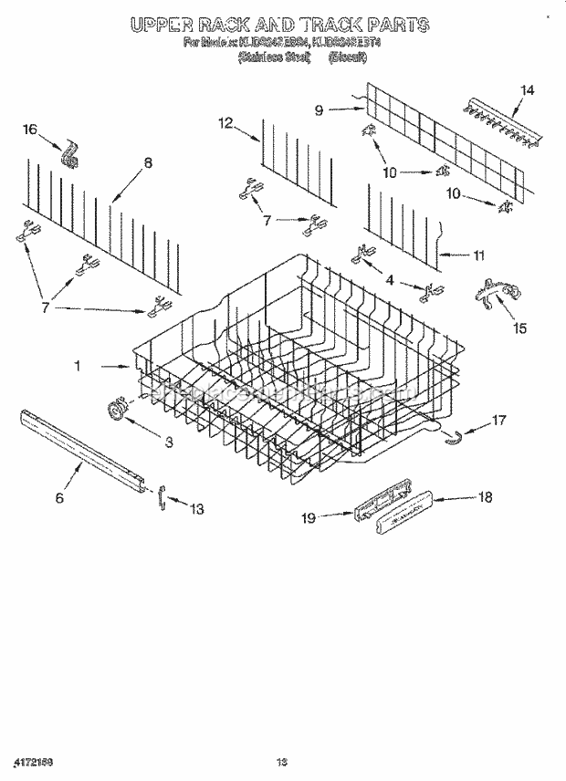 KitchenAid KUDS24SEBT4 Dishwasher Upper Rack and Track Diagram