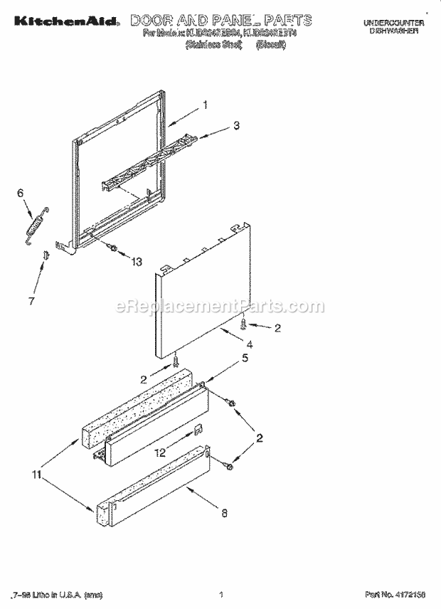 KitchenAid KUDS24SEBT4 Dishwasher Door and Panel Diagram