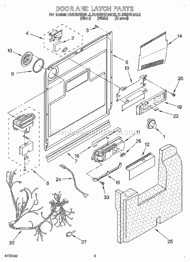 KitchenAid KUDS24SEWH2 Dishwasher Door and Latch Diagram