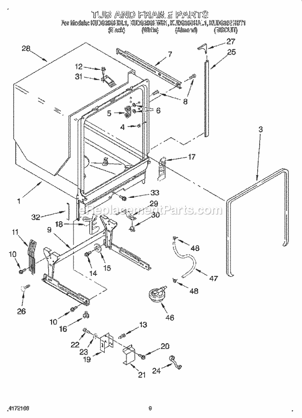 KitchenAid KUDS25SHAL1 Dishwasher Tub and Frame Diagram