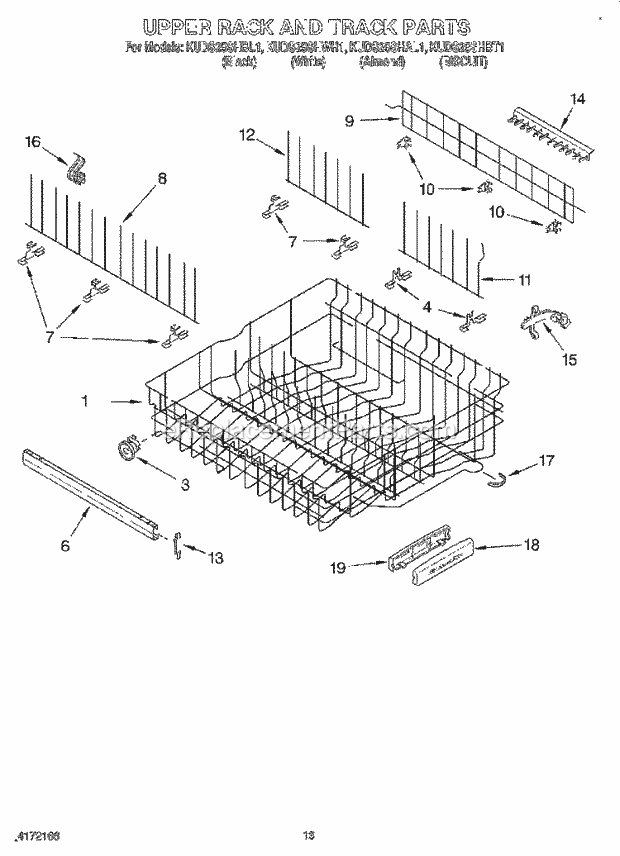 KitchenAid KUDS25SHAL1 Dishwasher Upper Rack and Track Diagram