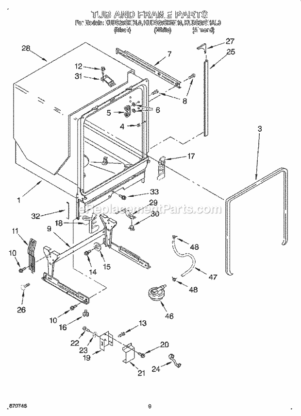 KitchenAid KUDS25SHWH0 Dishwasher Tub and Frame Diagram