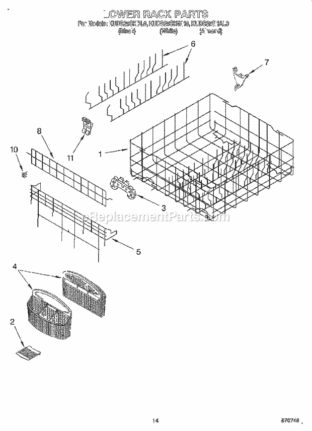 KitchenAid KUDS25SHWH0 Dishwasher Lower Rack Diagram