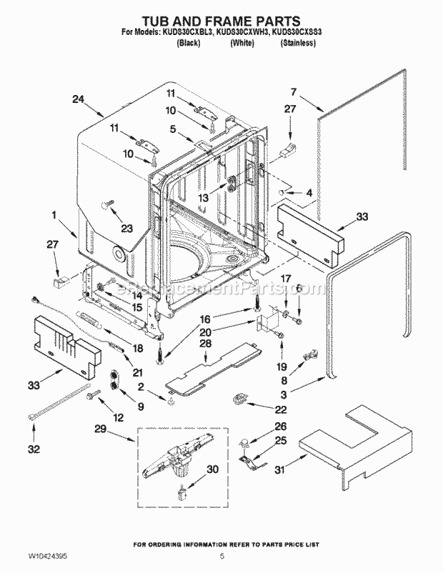 KitchenAid KUDS30CXBL3 Dishwasher Tub and Frame Parts Diagram