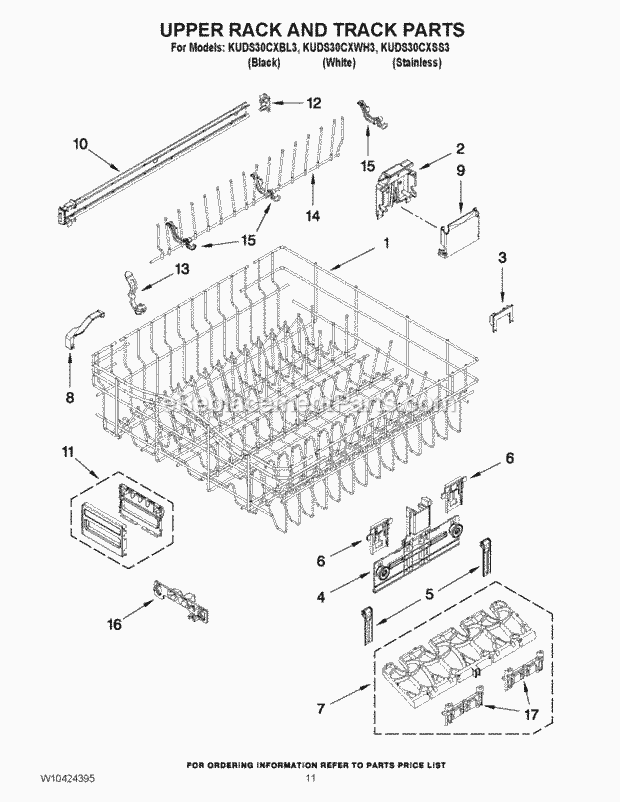 KitchenAid KUDS30CXBL3 Dishwasher Upper Rack and Track Parts Diagram