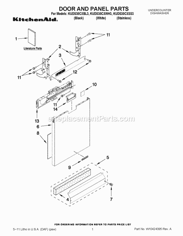 KitchenAid KUDS30CXBL3 Dishwasher Door and Panel Parts Diagram