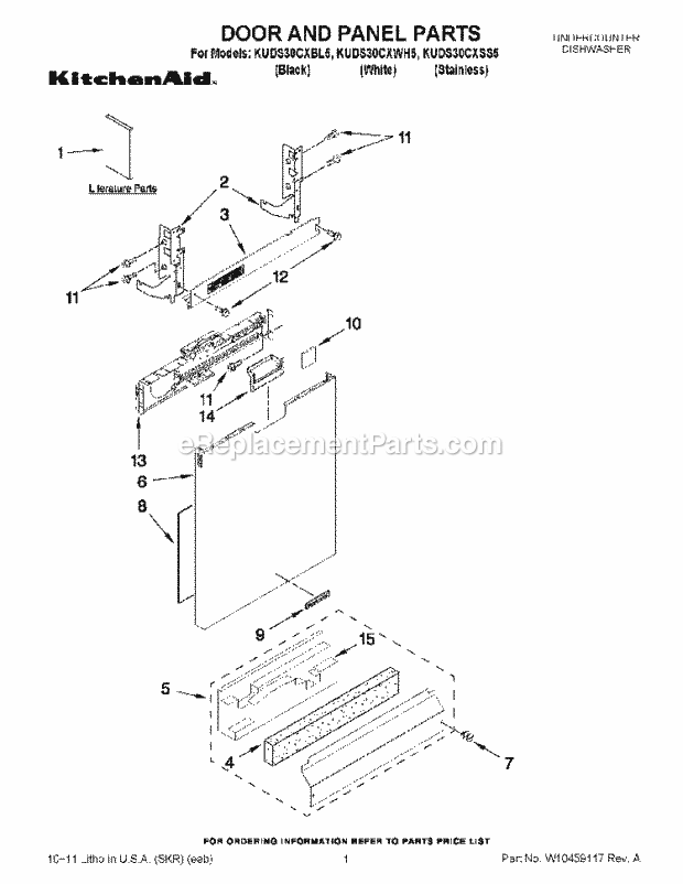 KitchenAid KUDS30CXBL5 Dishwasher Door and Panel Parts Diagram