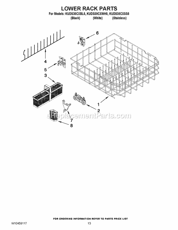 KitchenAid KUDS30CXBL5 Dishwasher Lower Rack Parts Diagram