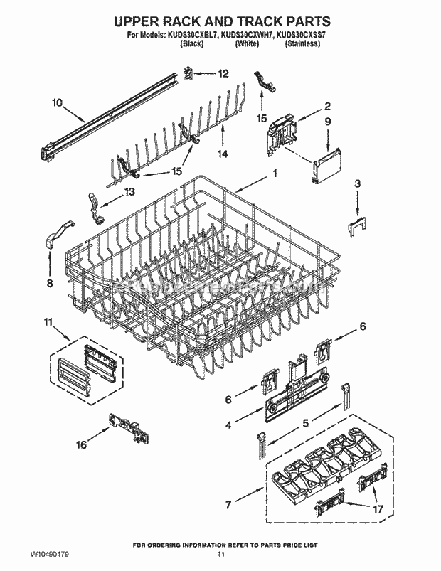 KitchenAid KUDS30CXBL7 Dishwasher Upper Rack and Track Parts Diagram