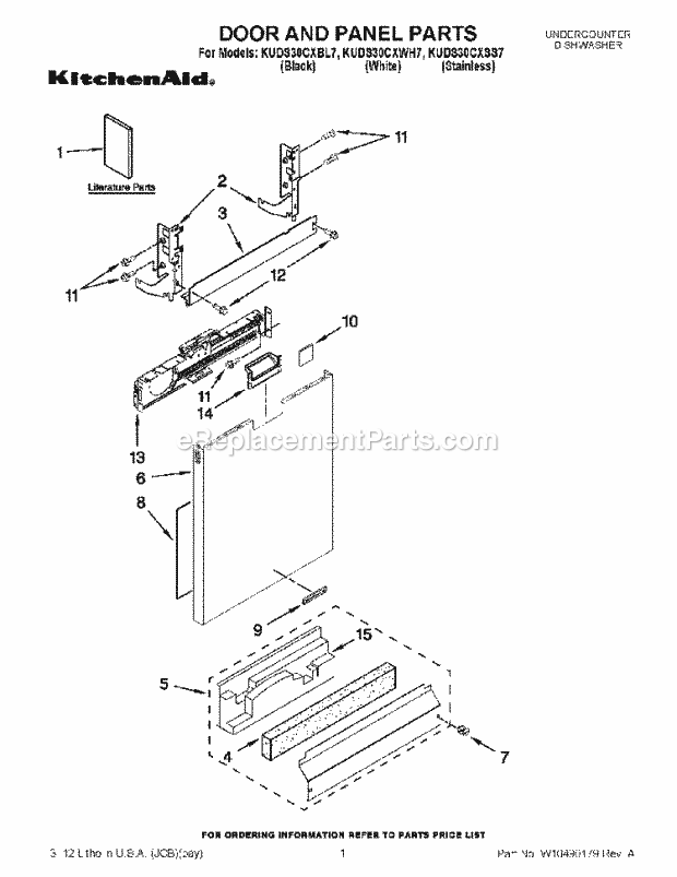 KitchenAid KUDS30CXBL7 Dishwasher Door and Panel Parts Diagram