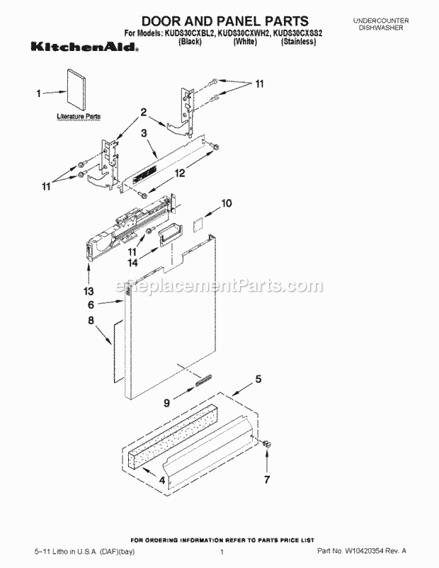 KitchenAid KUDS30CXWH2 Dishwasher Door and Panel Parts Diagram