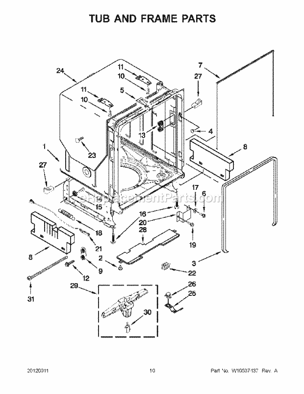 KitchenAid KUDS30FBBL0 Dishwasher Tub and Frame Parts Diagram