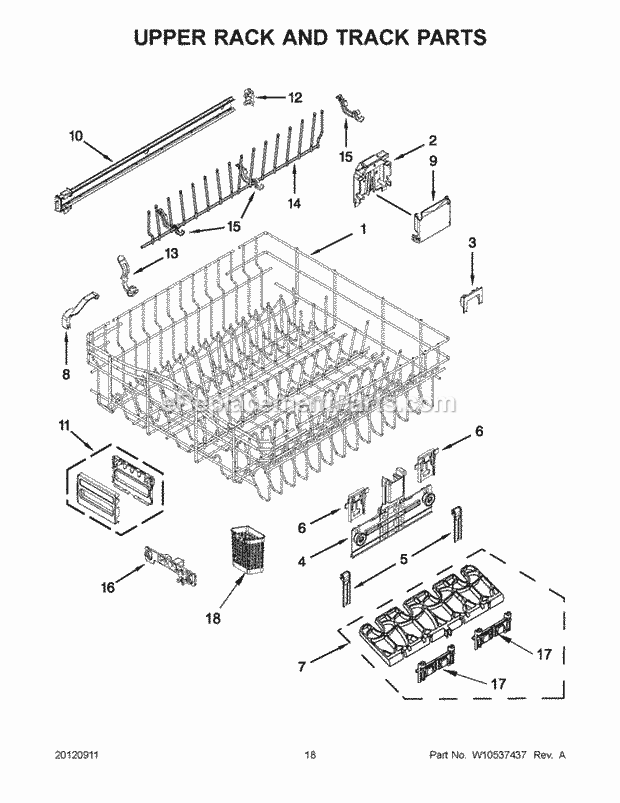 KitchenAid KUDS30FBBL0 Dishwasher Upper Rack and Track Parts Diagram