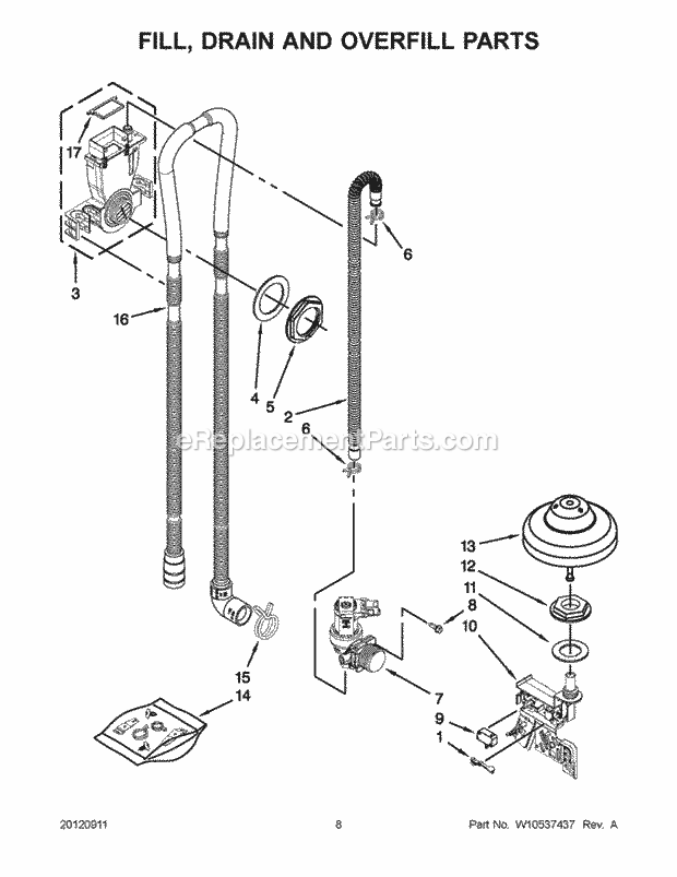 KitchenAid KUDS30FBBL0 Dishwasher Fill, Drain and Overfill Parts Diagram