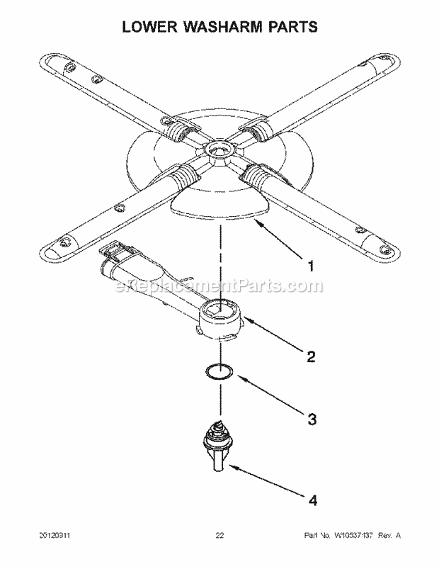 KitchenAid KUDS30FBBL0 Dishwasher Lower Washarm Parts Diagram