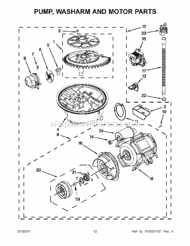 KitchenAid KUDS30FBBL0 Dishwasher Pump, Washarm and Motor Parts Diagram