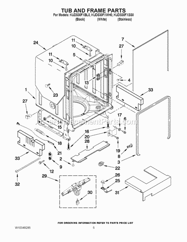 KitchenAid KUDS30FXBL0 Dishwasher Tub and Frame Parts Diagram