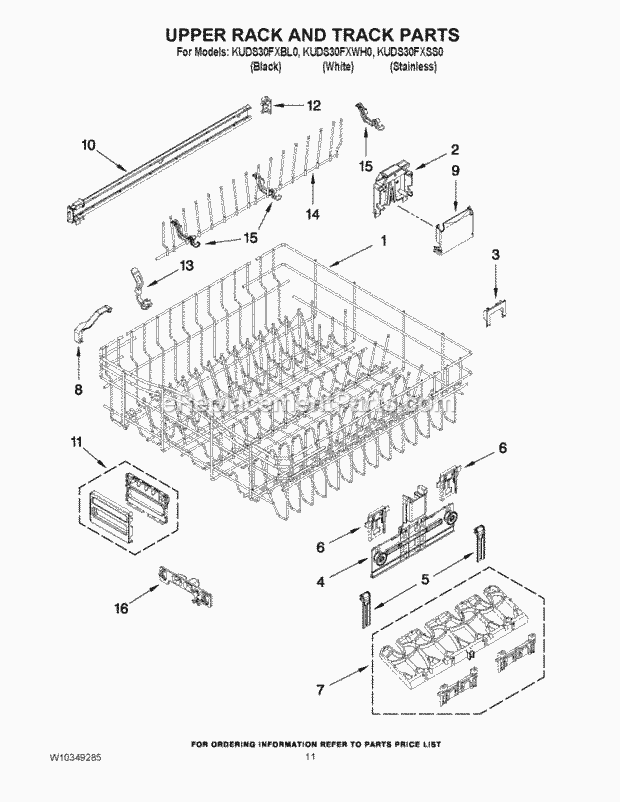 KitchenAid KUDS30FXBL0 Dishwasher Upper Rack and Track Parts Diagram