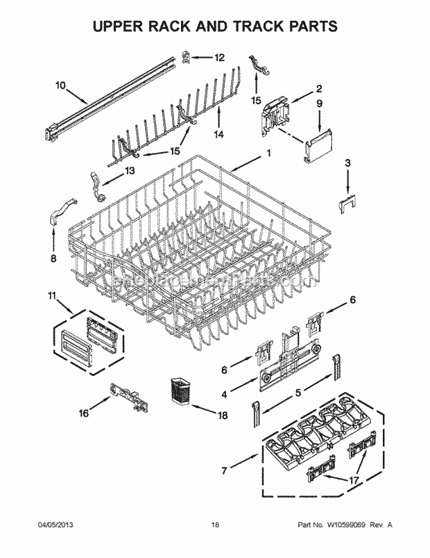 KitchenAid KUDS30FXBL9 Dishwasher Upper Rack and Track Parts Diagram