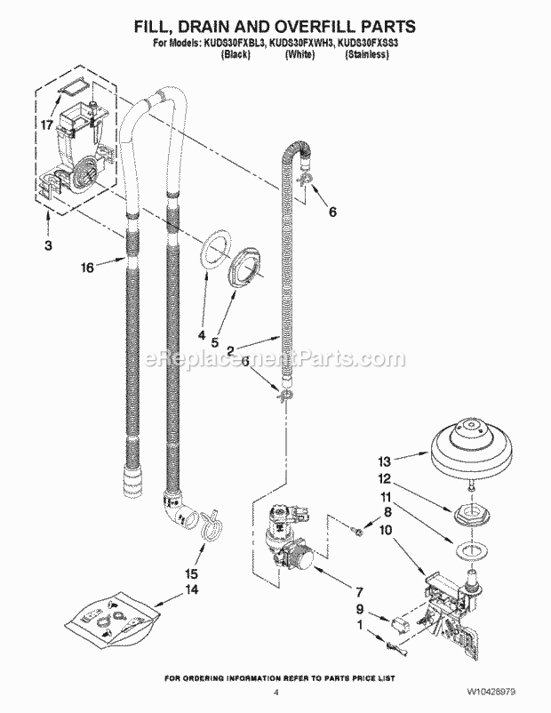 KitchenAid KUDS30FXWH3 Dishwasher Fill, Drain and Overfill Parts Diagram