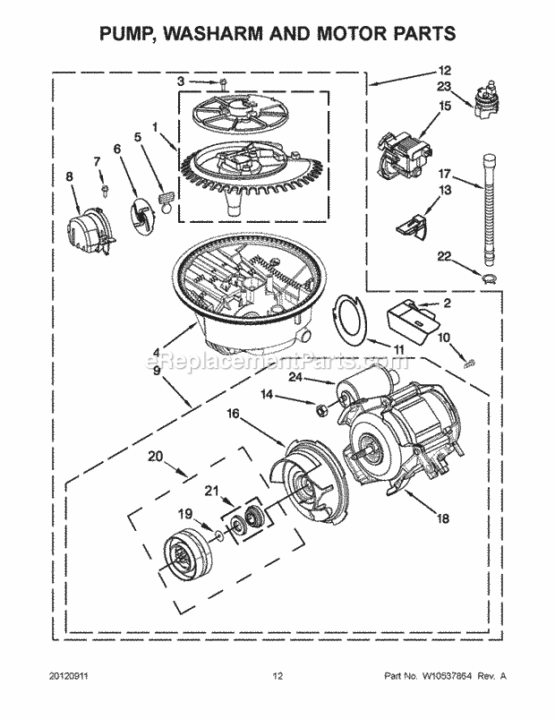 KitchenAid KUDS30IBBT0 Dishwasher Pump, Washarm and Motor Parts Diagram