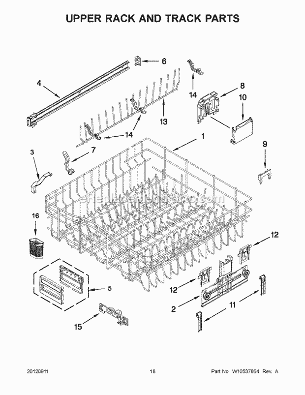 KitchenAid KUDS30IBWH0 Dishwasher Upper Rack and Track Parts Diagram