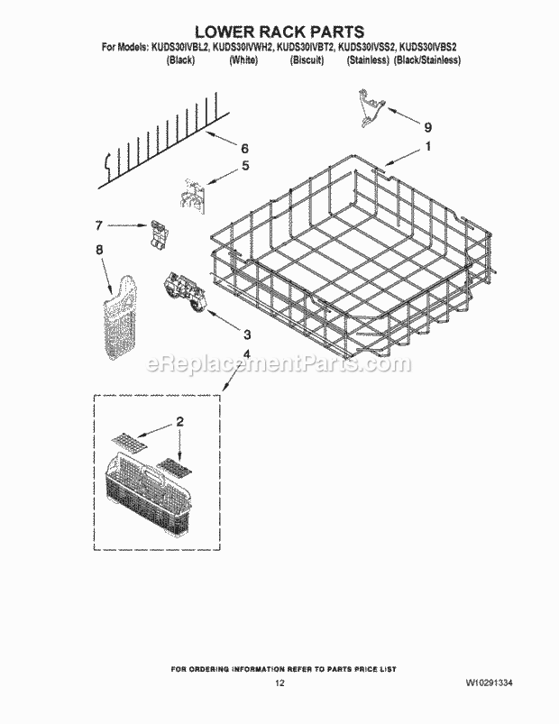 KitchenAid KUDS30IVBL2 Dishwasher Lower Rack Parts Diagram