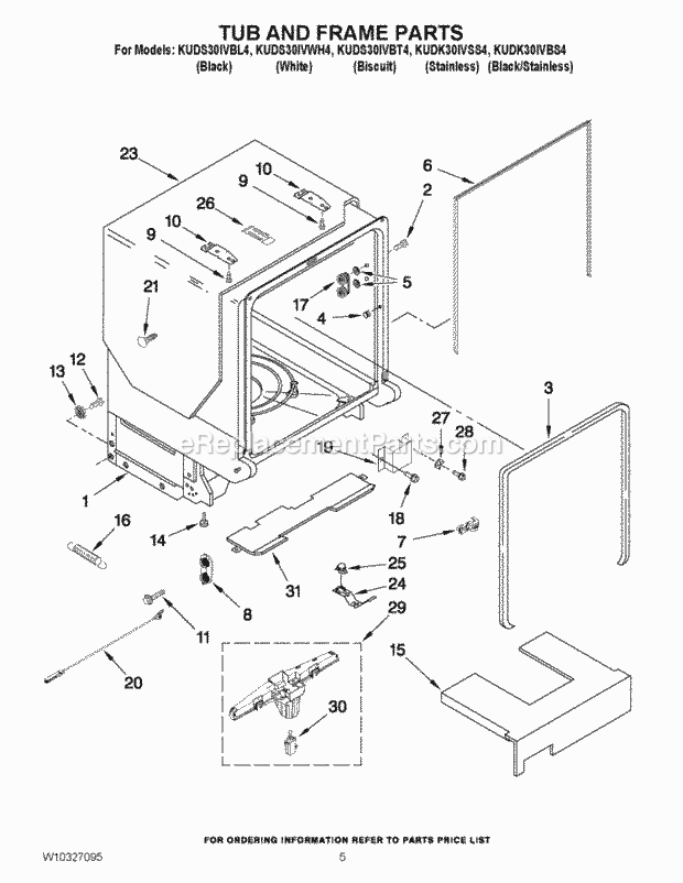 KitchenAid KUDS30IVBL4 Dishwasher Tub and Frame Parts Diagram