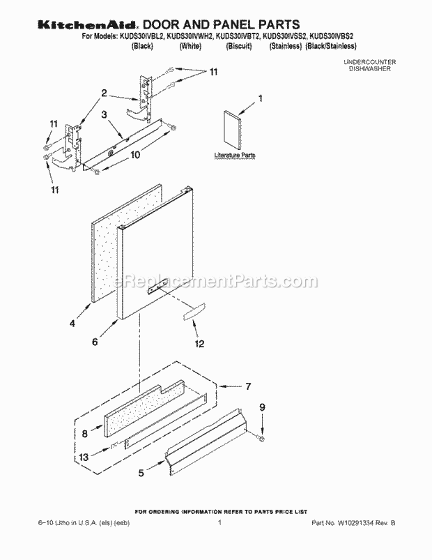 KitchenAid KUDS30IVSS2 Dishwasher Door and Panel Parts Diagram