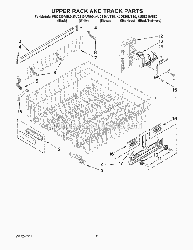 KitchenAid KUDS30IVWH0 Dishwasher Upper Rack and Track Parts Diagram