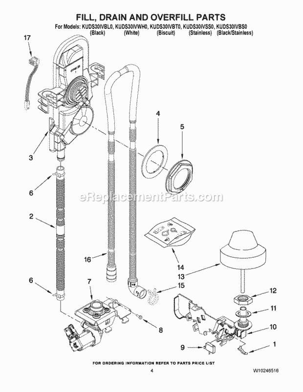 KitchenAid KUDS30IVWH0 Dishwasher Fill, Drain and Overfill Parts Diagram