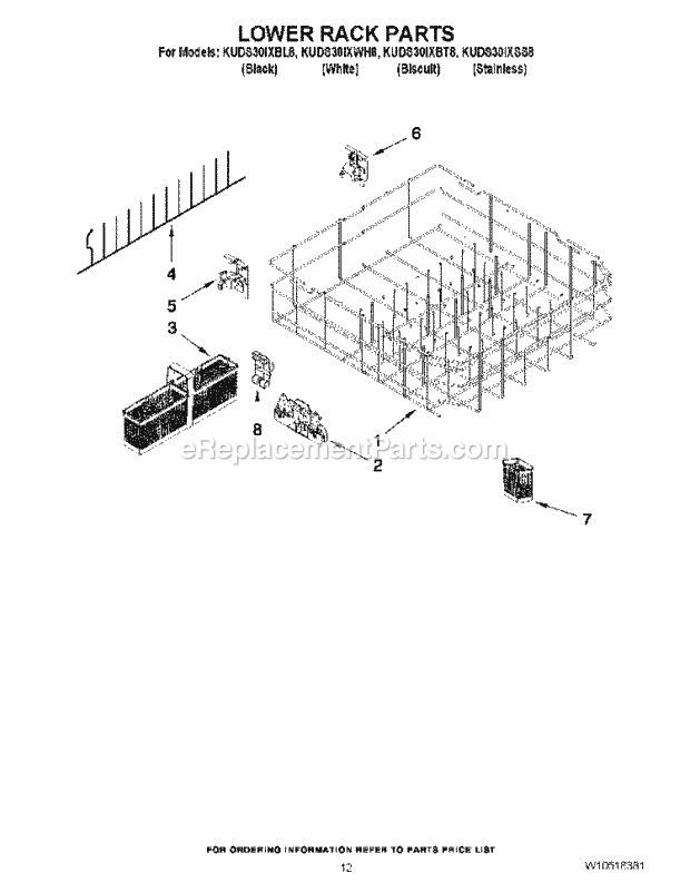 KitchenAid KUDS30IXBL8 Dishwasher Lower Rack Parts Diagram