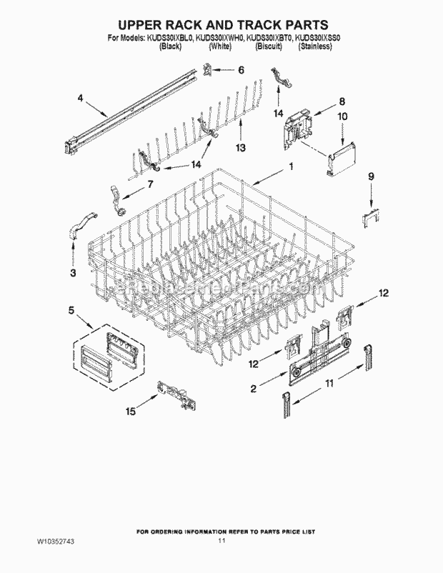 KitchenAid KUDS30IXBT0 Dishwasher Upper Rack and Track Parts Diagram