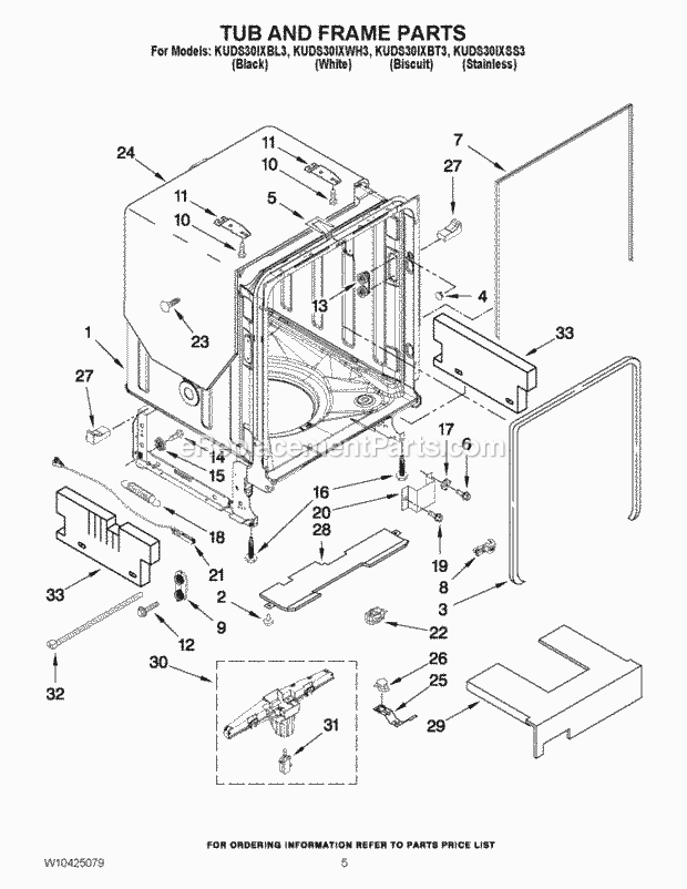 KitchenAid KUDS30IXSS3 Dishwasher Tub and Frame Parts Diagram